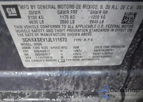 2018 Chevrolet Equinox Lt from USA, damaged, VIN 3GNAXSEV1JL111670